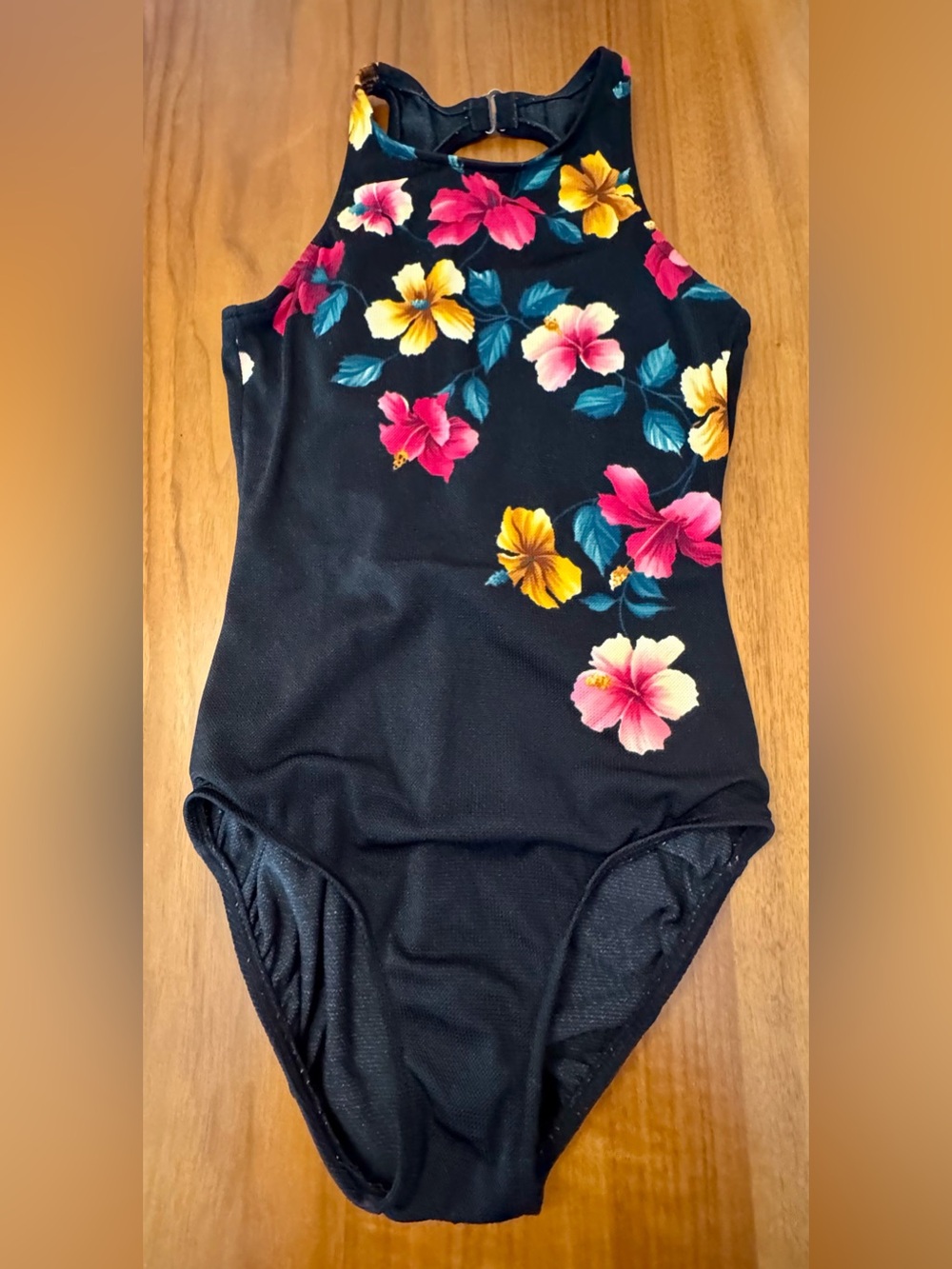 Vintage Jantzen One Piece High Neck Swimsuit with Tropical Hibiscus Flowers